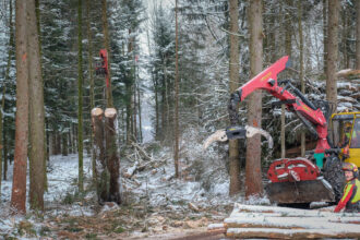 Der Seilkran kann Lasten von bis zu 2 Tonnen transportieren. In diesem steilen Gelände ein grosser Vorteil.