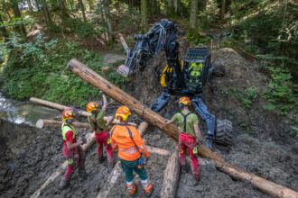 Forstwart-Lehrlinge bauen eine neue Brücke über den Blattenbach.