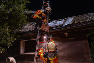 Die Ziegel werden entweder gleich vor Ort aufgeschichtet. Oder – wenn genug Hände vor Ort sind – in einer Menschenkette nach unten gereicht.