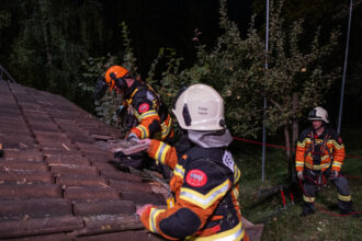 Die Ziegel werden entweder gleich vor Ort aufgeschichtet. Oder – wenn genug Hände vor Ort sind – in einer Menschenkette nach unten gereicht.